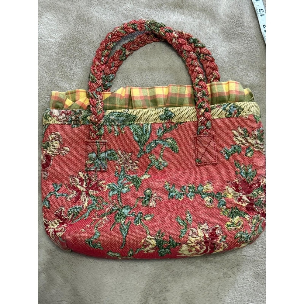April Cornell Isabella's Journey Red Floral Tapestry Tote Bag Plaid Ruffle Trim - Picture 6 of 8
